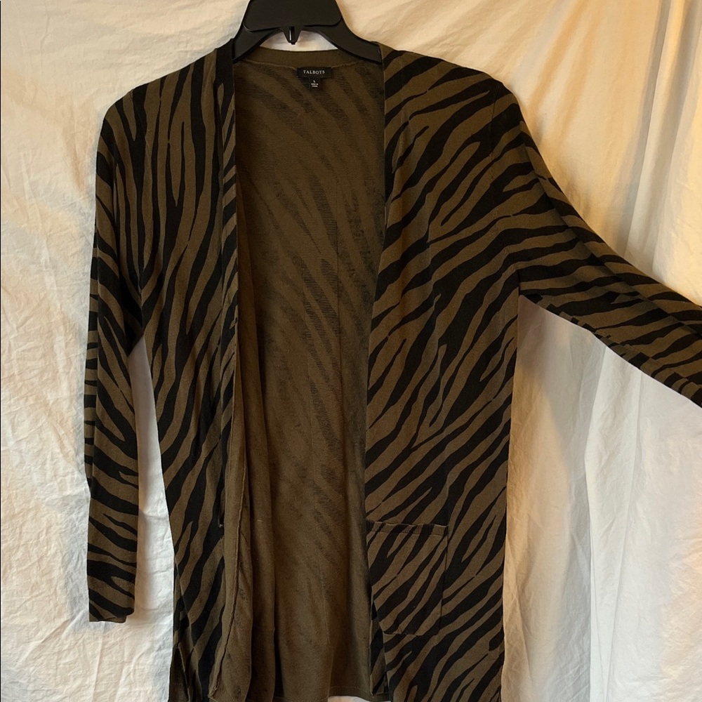 Talbots Zebra Print Linen/Cotton Cardigan Sweater Size Large